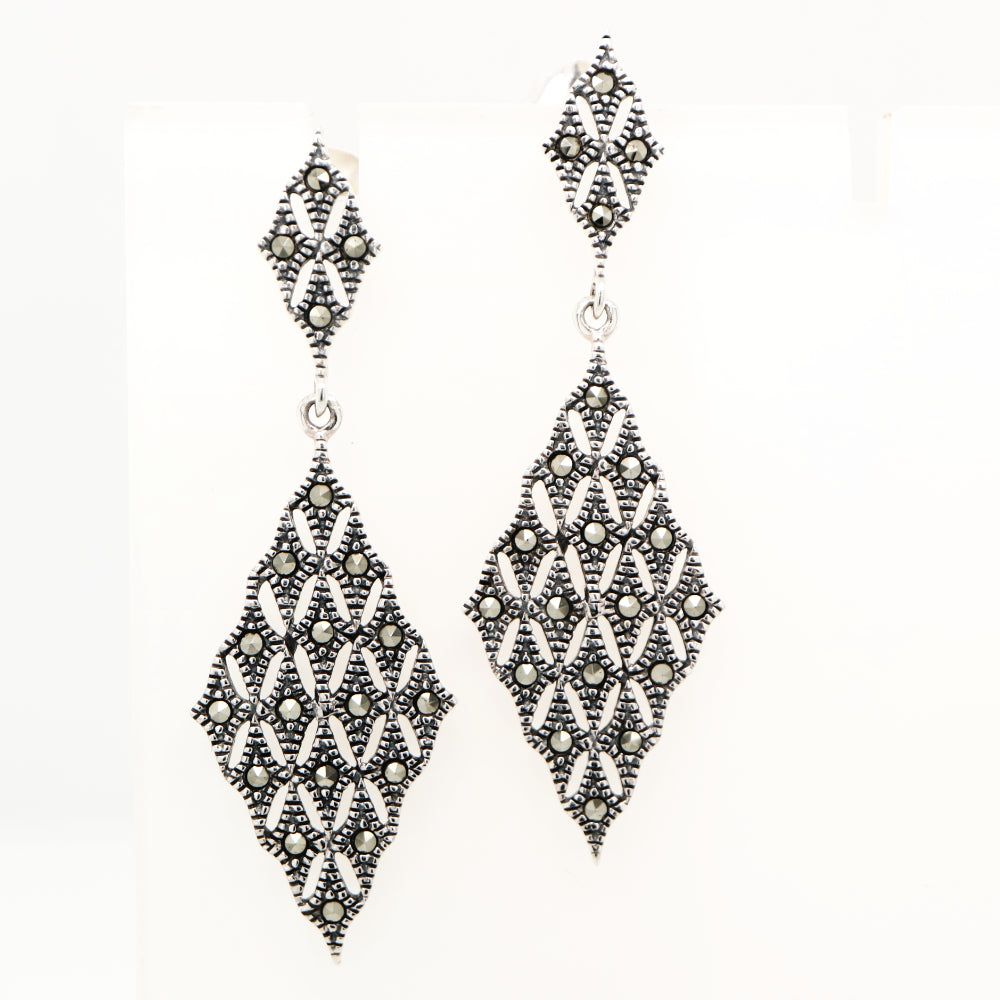 Art deco tessalated diamond shaped marcasite earrings in sterling silver