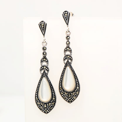 Mother of pearl drop earrings with marcasite in sterling silver