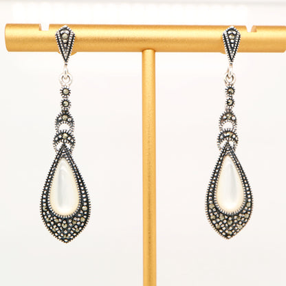Mother of pearl drop earrings with marcasite in sterling silver
