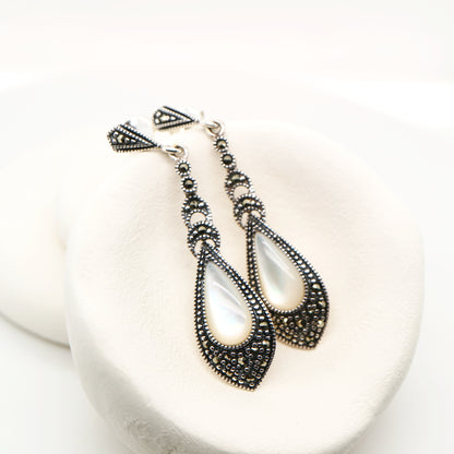 Mother of pearl drop earrings with marcasite in sterling silver