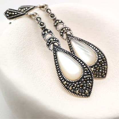 Mother of pearl drop earrings with marcasite in sterling silver