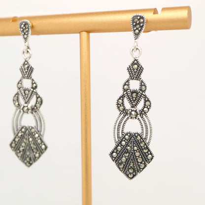 Art deco marcasite dangle earrings in sterling silver