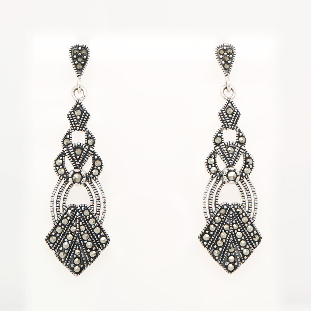 Art deco marcasite dangle earrings in sterling silver