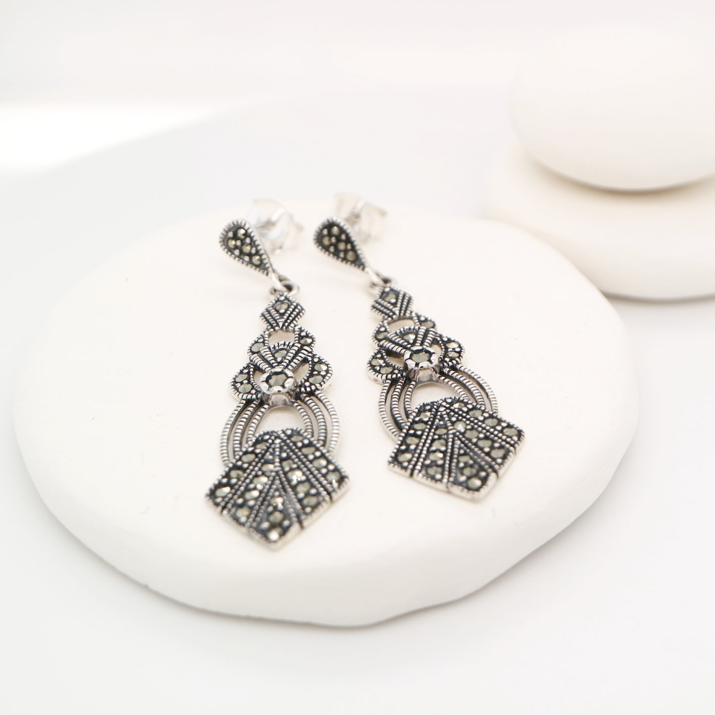 Art deco marcasite dangle earrings in sterling silver