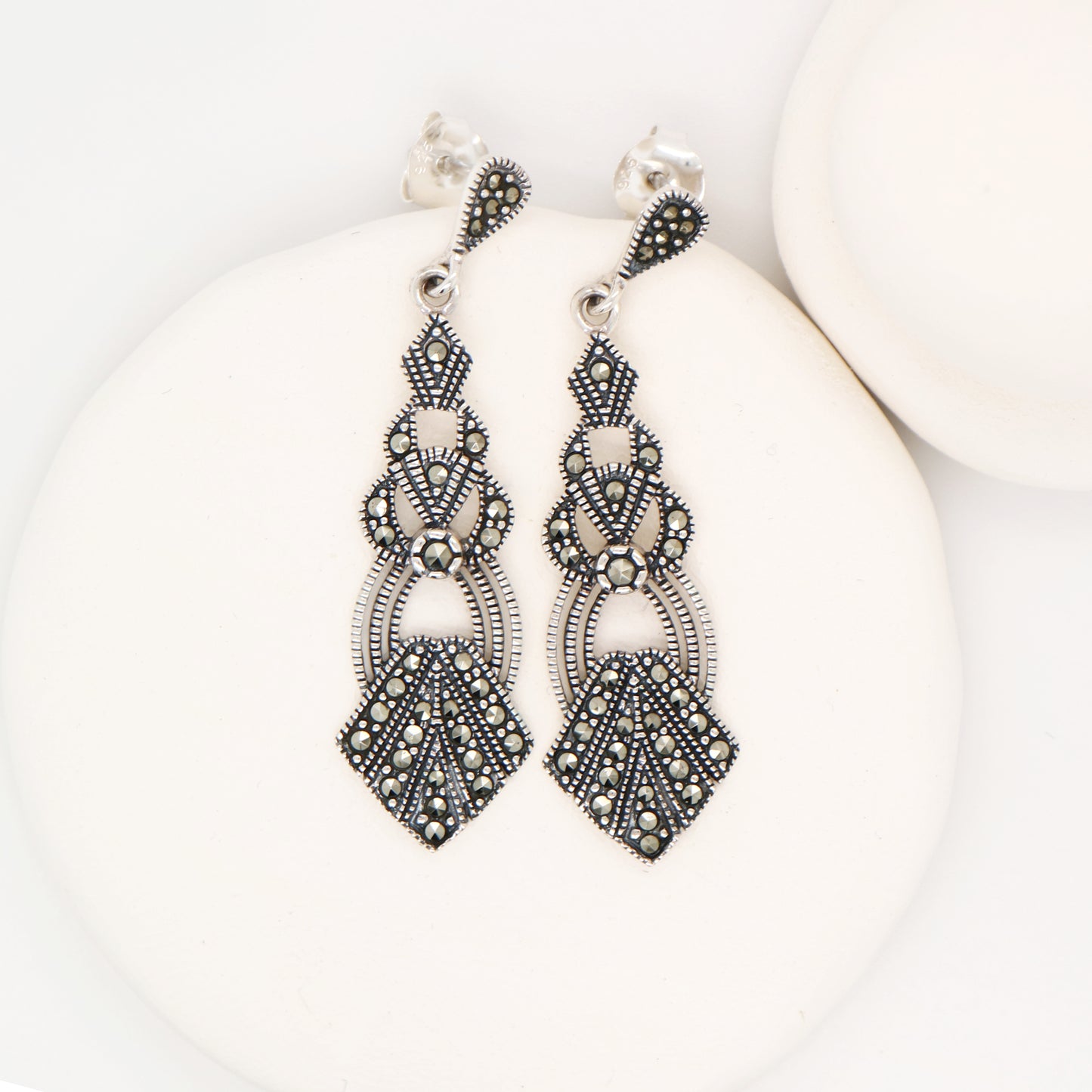 Art deco marcasite dangle earrings in sterling silver
