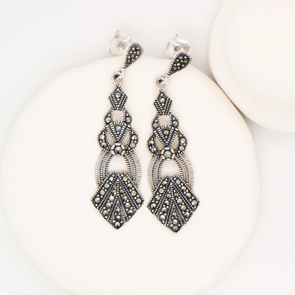 Art deco marcasite dangle earrings in sterling silver