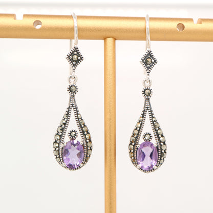 Marcasite dangle earrings with amethyst in sterling silver