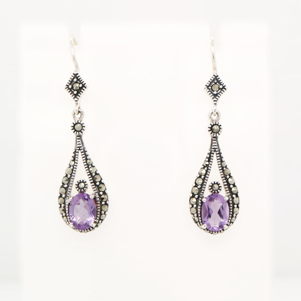 Marcasite dangle earrings with amethyst in sterling silver