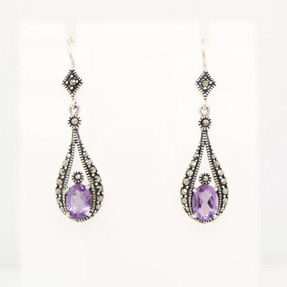 Marcasite dangle earrings with amethyst in sterling silver