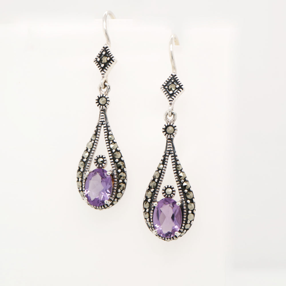 Marcasite dangle earrings with amethyst in sterling silver