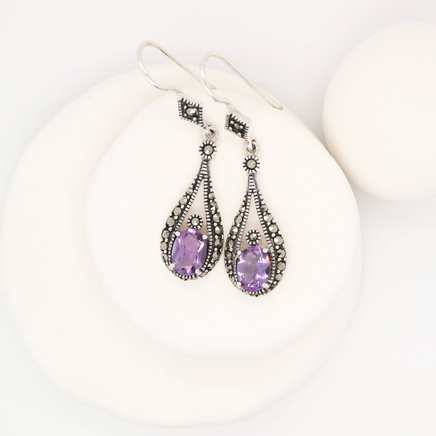 Marcasite dangle earrings with amethyst in sterling silver