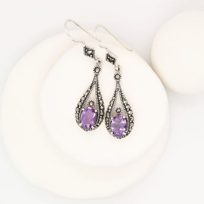 Marcasite dangle earrings with amethyst in sterling silver