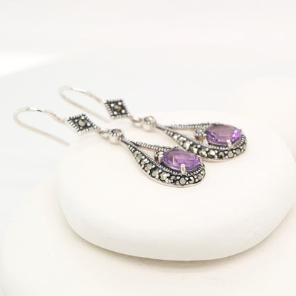 Marcasite dangle earrings with amethyst in sterling silver