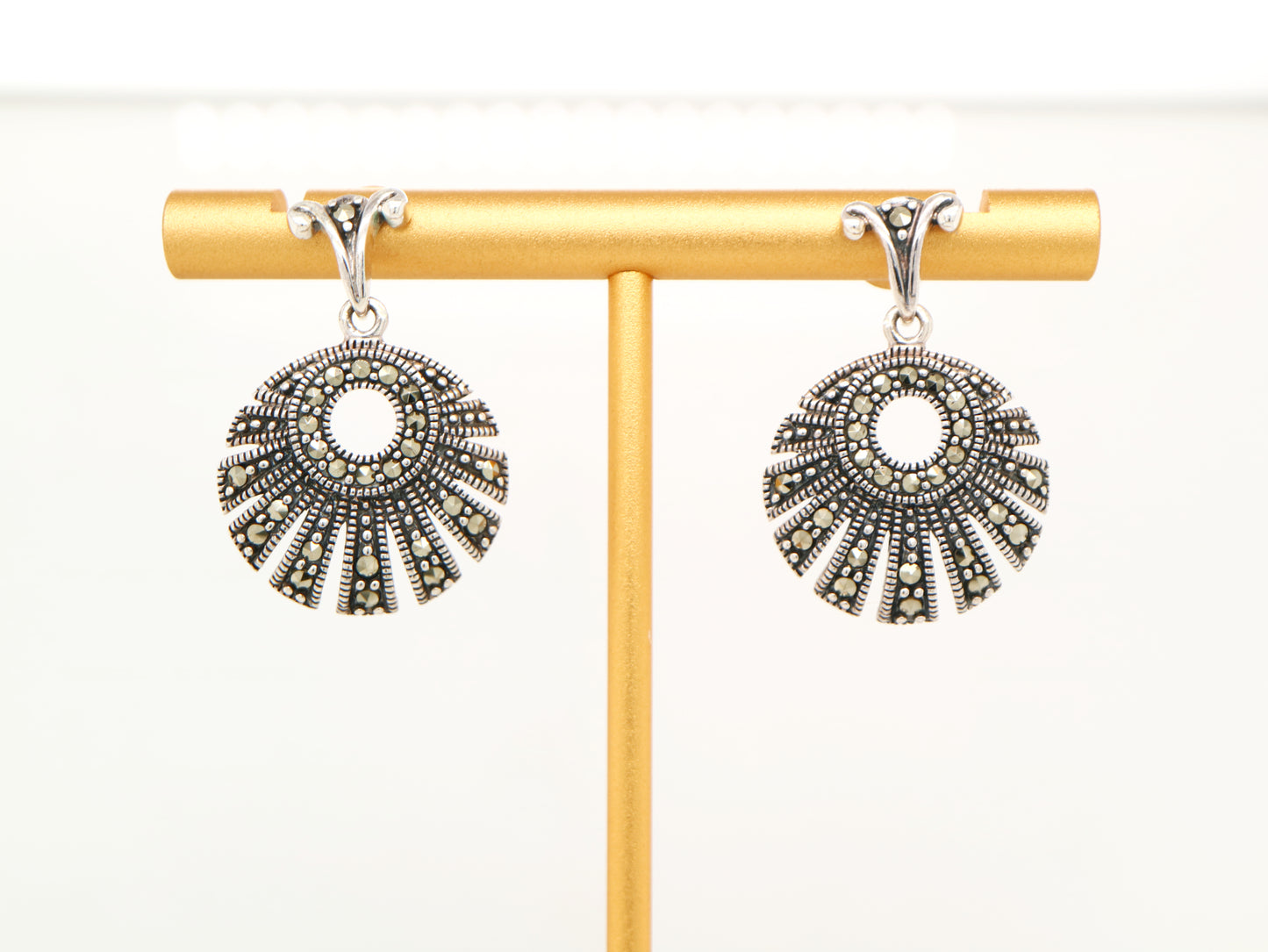 Circular fan marcasite earrings in sterling silver