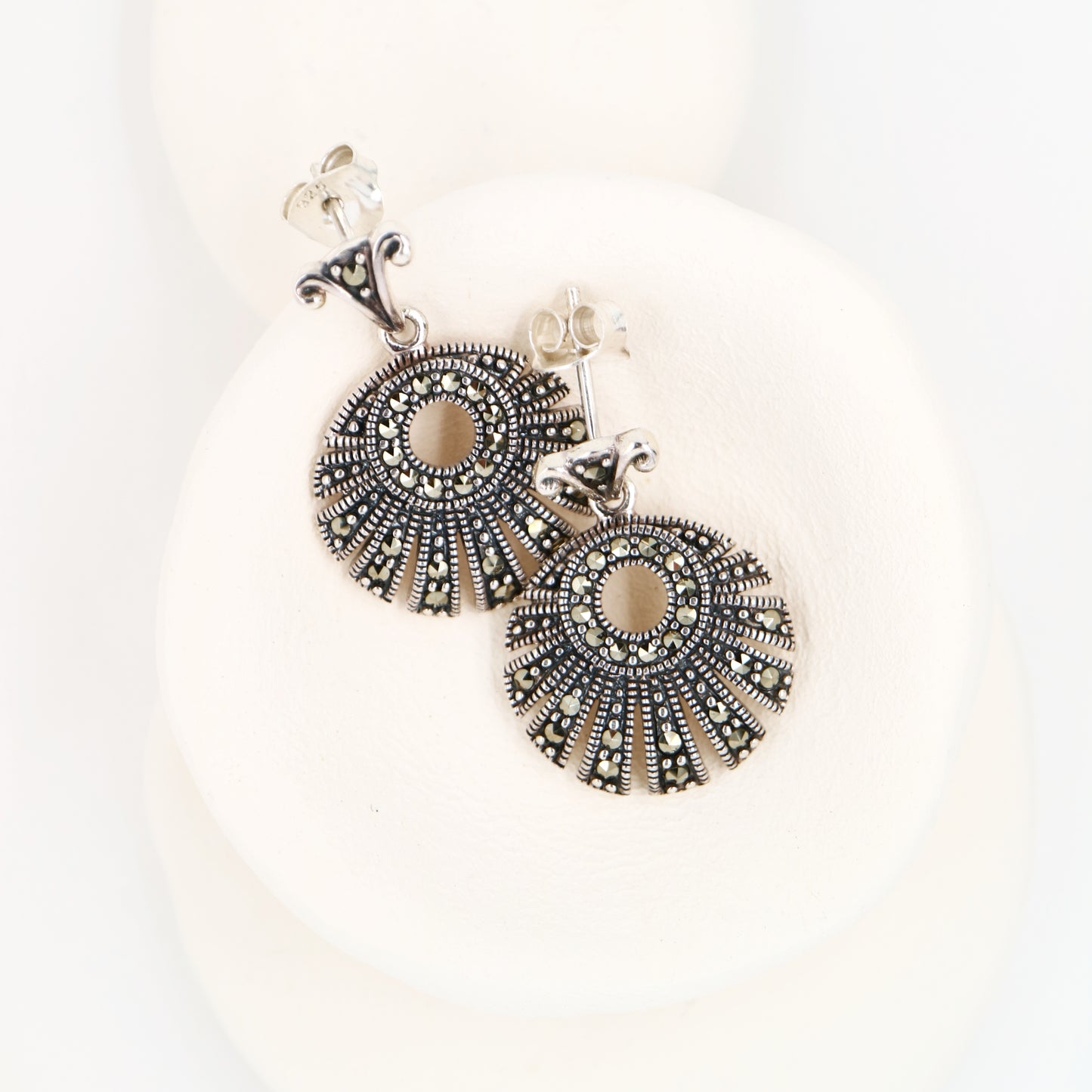 Circular fan marcasite earrings in sterling silver