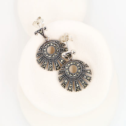 Circular fan marcasite earrings in sterling silver
