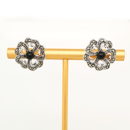 5 petal flower stud earrings with marcasite and onyx in sterling silver