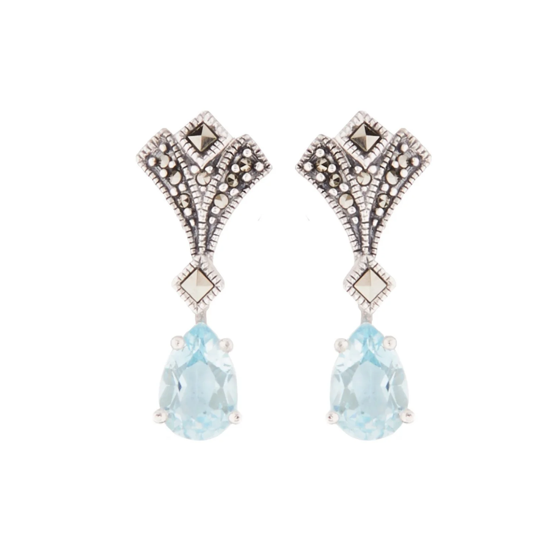 Art deco drop earrings in blue topaz, marcasite in sterling silver