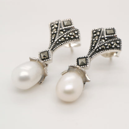 Art deco drop earrings in pearl, marcasite in sterling silver