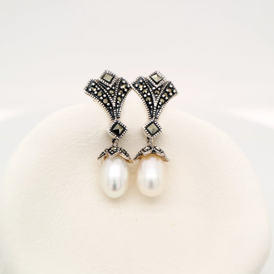Art deco drop earrings in pearl, marcasite in sterling silver