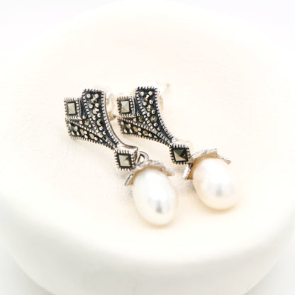 Art deco drop earrings in pearl, marcasite in sterling silver