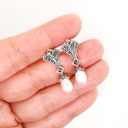 Art deco drop earrings in pearl, marcasite in sterling silver