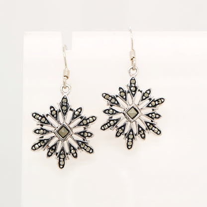 Starburst snowflake earrings with marcasite in sterling silver