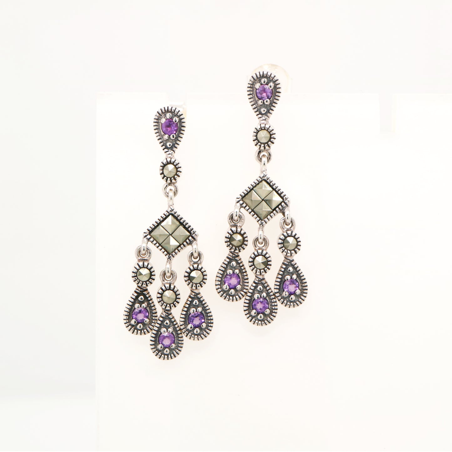 Amethyst and marcasite chandelier earrings in sterling silver
