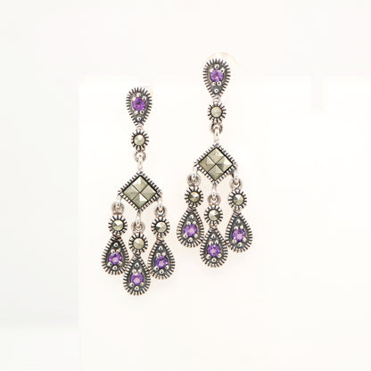 Amethyst and marcasite chandelier earrings in sterling silver