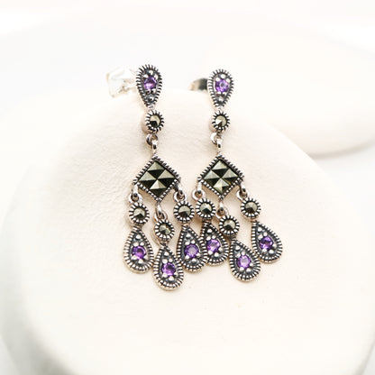 Amethyst and marcasite chandelier earrings in sterling silver