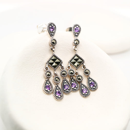 Amethyst and marcasite chandelier earrings in sterling silver
