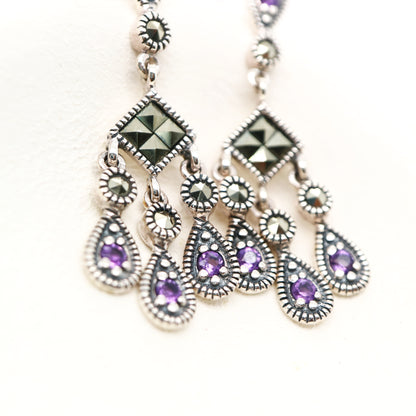 Amethyst and marcasite chandelier earrings in sterling silver