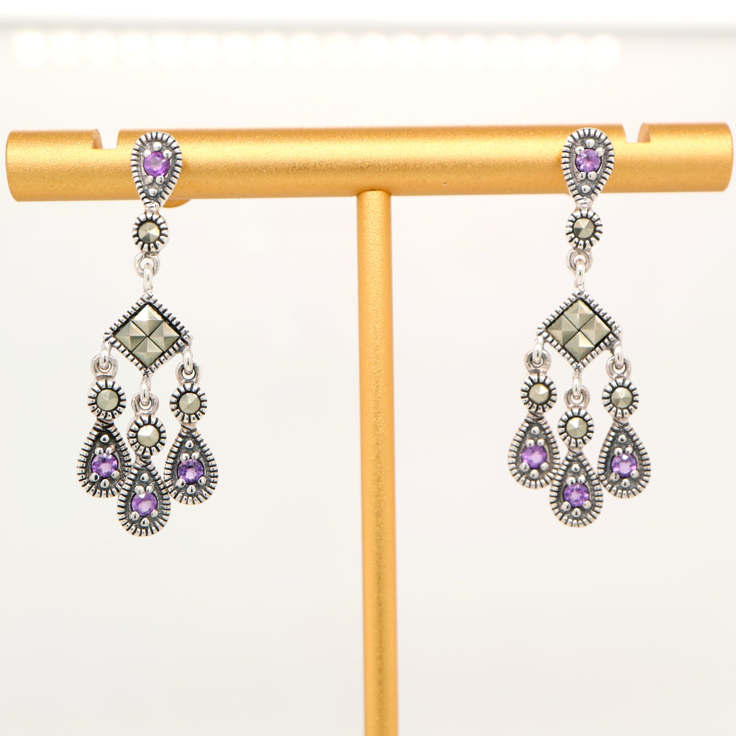 Amethyst and marcasite chandelier earrings in sterling silver