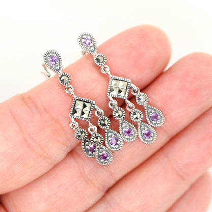 Amethyst and marcasite chandelier earrings in sterling silver