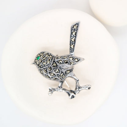Fairywren marcasite brooch in sterling silver with Emerald eye