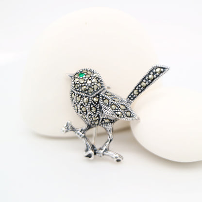 Fairywren marcasite brooch in sterling silver with Emerald eye