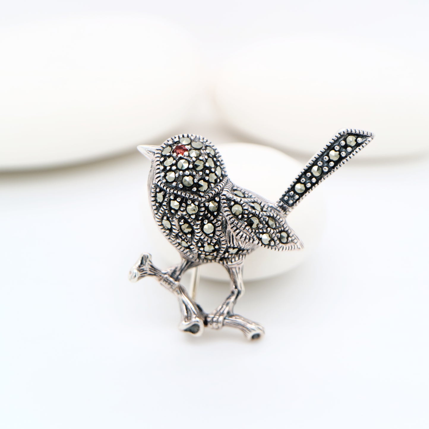 Fairywren marcasite brooch in sterling silver with garnet eye