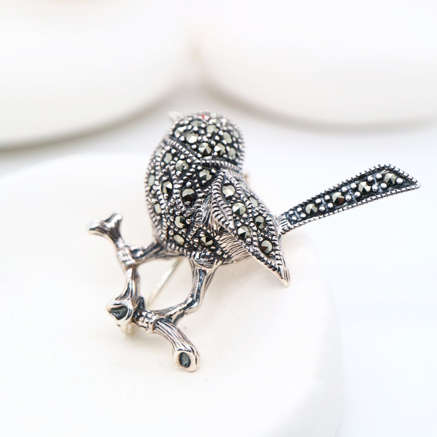 Fairywren marcasite brooch in sterling silver with garnet eye