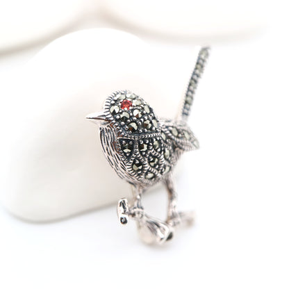 Fairywren marcasite brooch in sterling silver with garnet eye
