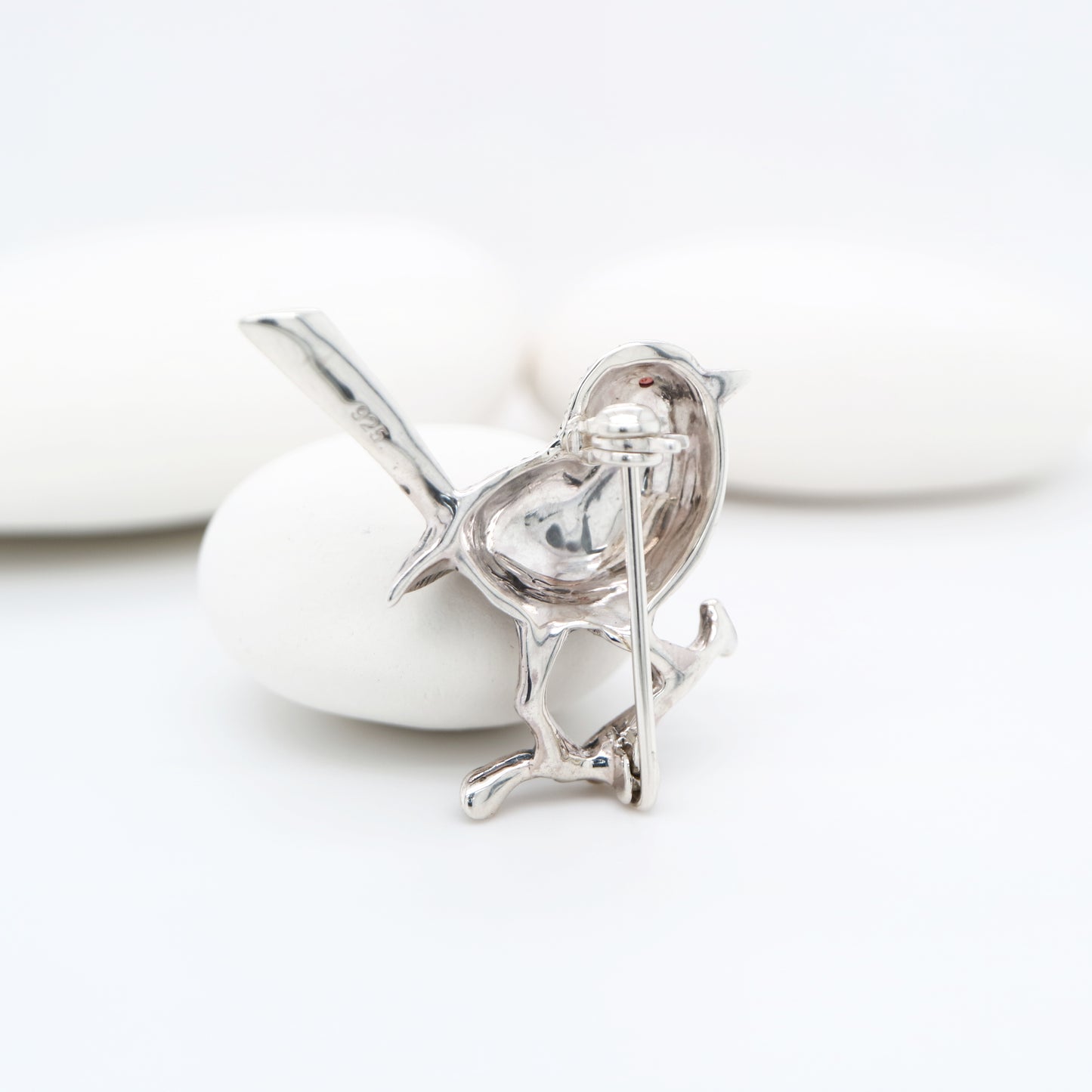 Fairywren marcasite brooch in sterling silver with garnet eye
