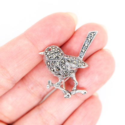 Fairywren marcasite brooch in sterling silver with garnet eye