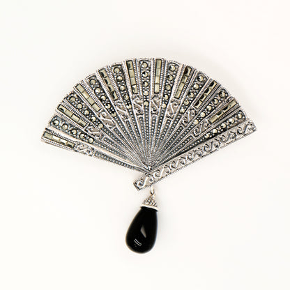 Marcasite fan in marcasite with onyx drop in sterling silver