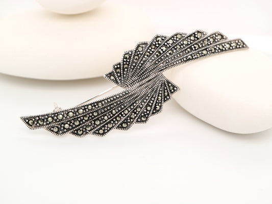 Art deco marcasite double fan brooch in sterling silver