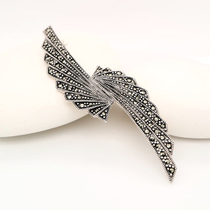 Art deco marcasite double fan brooch in sterling silver