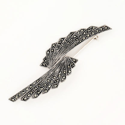 Art deco marcasite double fan brooch in sterling silver