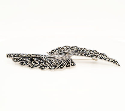 Art deco marcasite double fan brooch in sterling silver