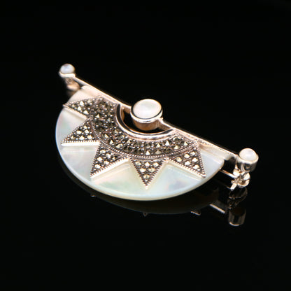 Art deco mother of pearl fan brooch with marcasite in sterling silver