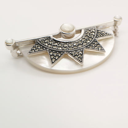 Art deco mother of pearl fan brooch with marcasite in sterling silver