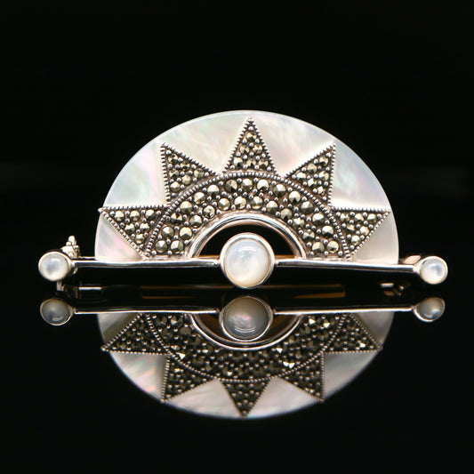 Art deco mother of pearl fan brooch with marcasite in sterling silver