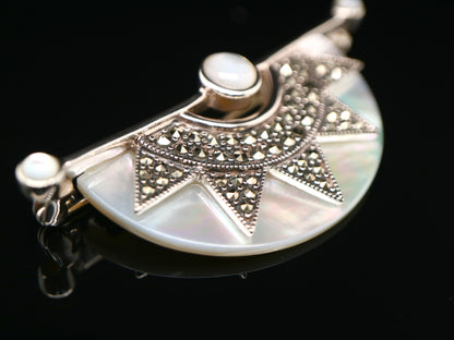 Art deco mother of pearl fan brooch with marcasite in sterling silver